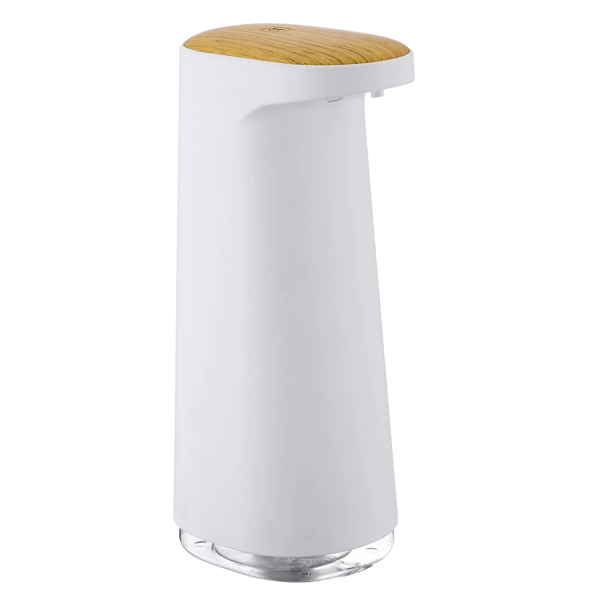 White automatic foam soap dispenser with sensor for touch-free operation on bathroom counter
