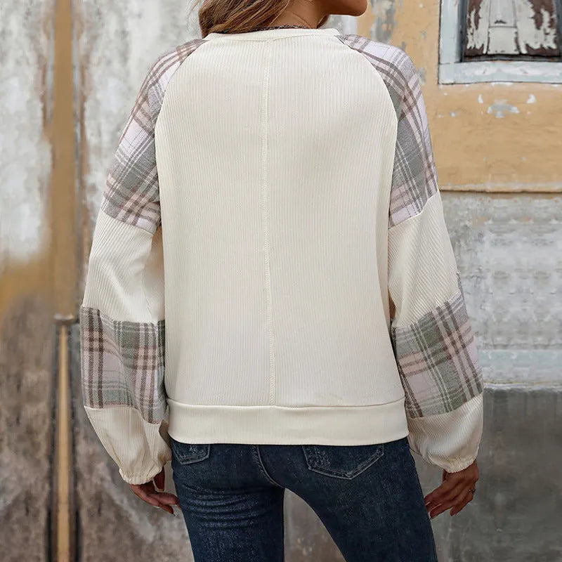Loose plaid colorblock round neck sweater in apricot polyester pullover with long sleeves