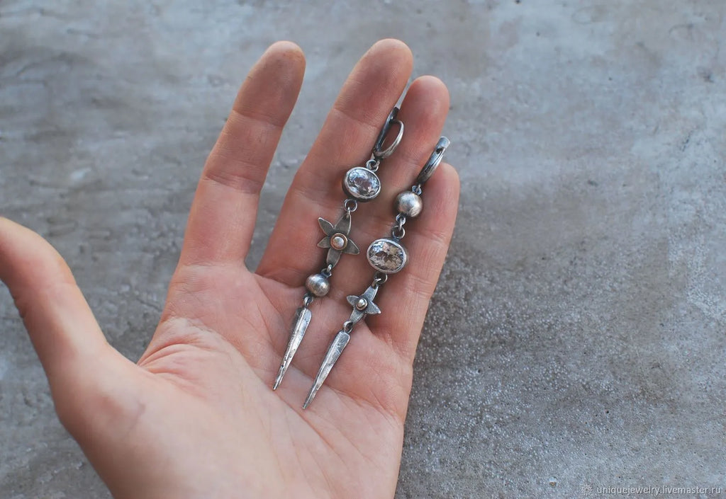 Geometric antique silver plated long pendant earrings with XINGX design and rhinestone detailing
