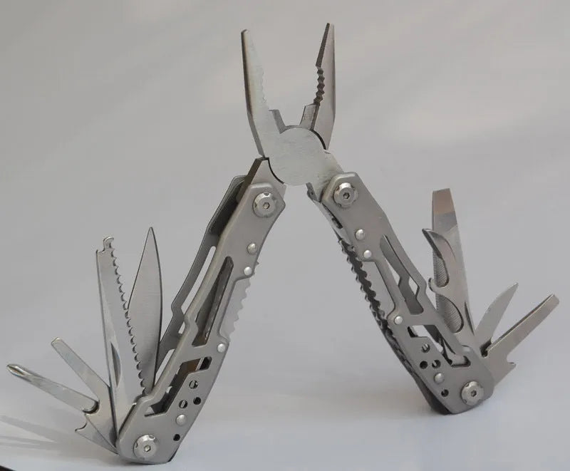 All steel multi-function pliers in black and silver grey with 14-in-one functions, 420 steel body, and 15.6cm developed length