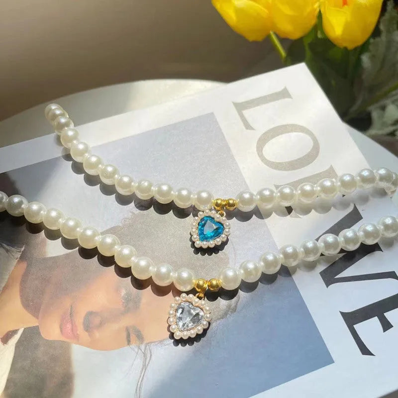 Retro love crystal pendant imitation pearl pet necklace for cats and dogs, colour options black coral blue green pink purple red sapphire blue