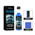 Blue 150ml automotive glass oil film cleaner bottle with sponge and towel applicators