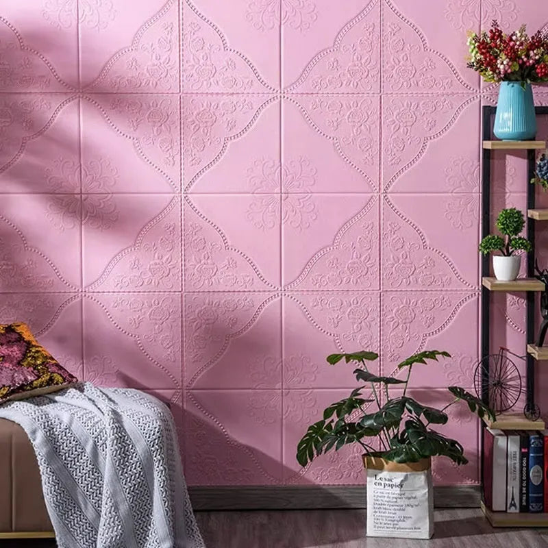 Light blue plants and flowers pattern on a large square self-adhesive foam wall sticker with a three-dimensional texture.