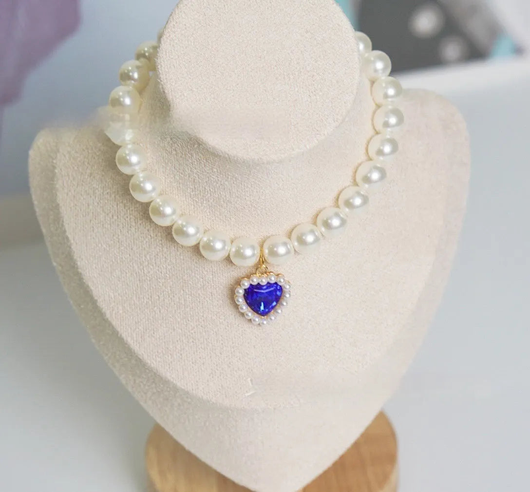 Plastic alloy resin pearl necklace cat collar with love gem charm in multiple colours