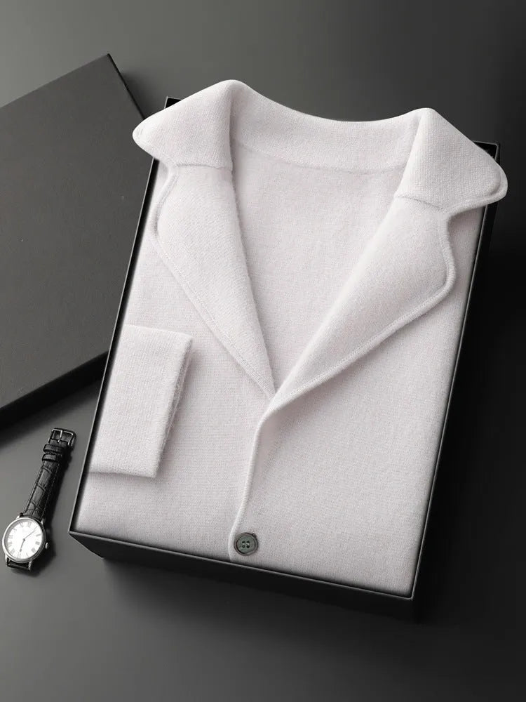 Men's cashmere lapel cardigan knitted jacket in light grey colour showing thickening construction