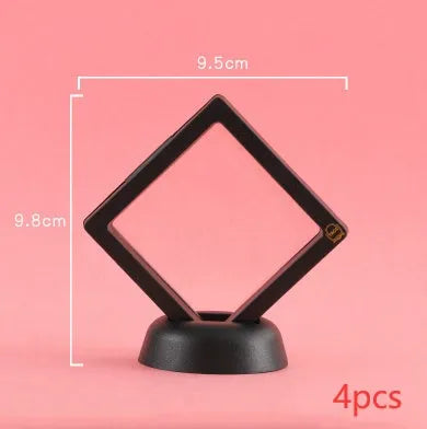 3D floating display case holding coins and jewellery between transparent membrane sheets