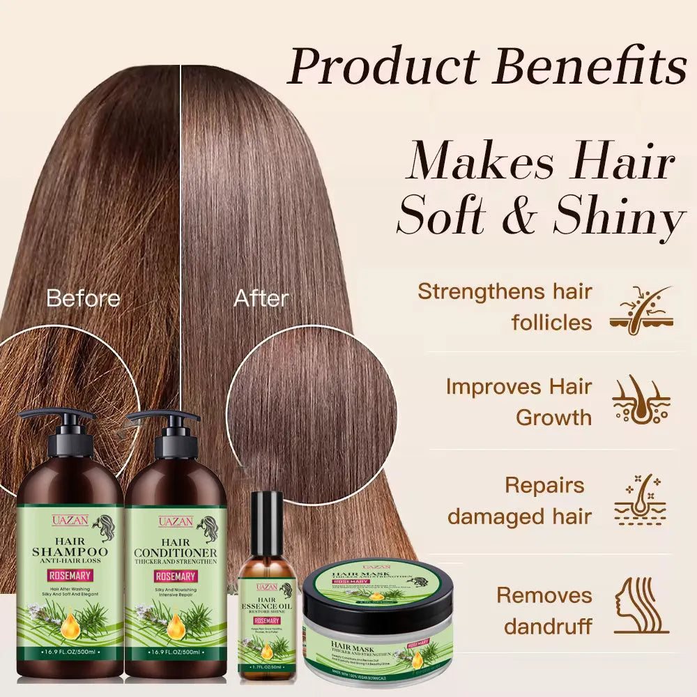 Rosemary shampoo and conditioner set with 500ml bottles, 250ml hair mask, and 50ml hair care oil