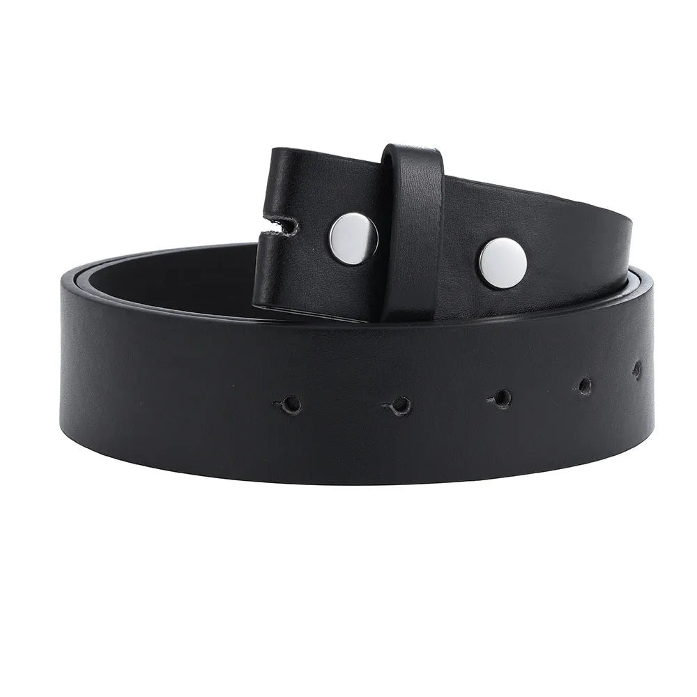 Fashion buttonless head eyelet men's belt in Black PU leather with patent leather treatment, shown flat on surface