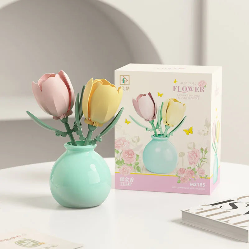 Building block flower set with small diamond particles and a vase in a colour box package