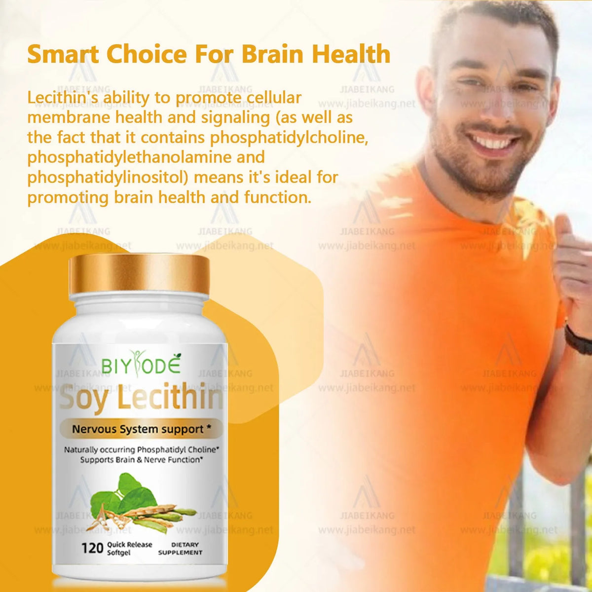 Bottle of 120 Halal vegan soy lecithin herbal multivitamin softgel capsules for nervous system and brain support.