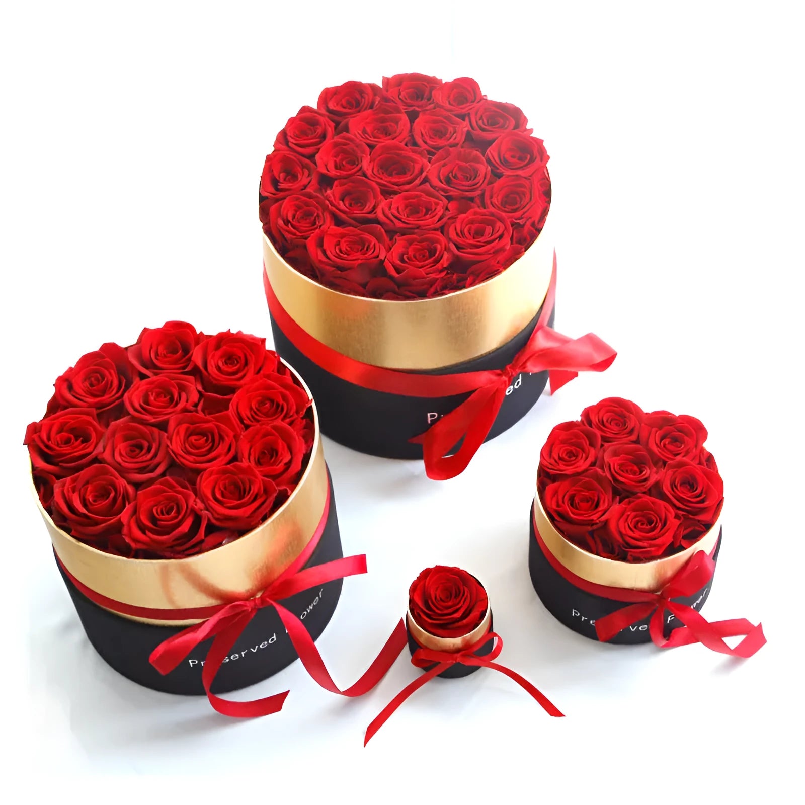 Boxed set of preserved real red roses in a gift box for Valentines Day.