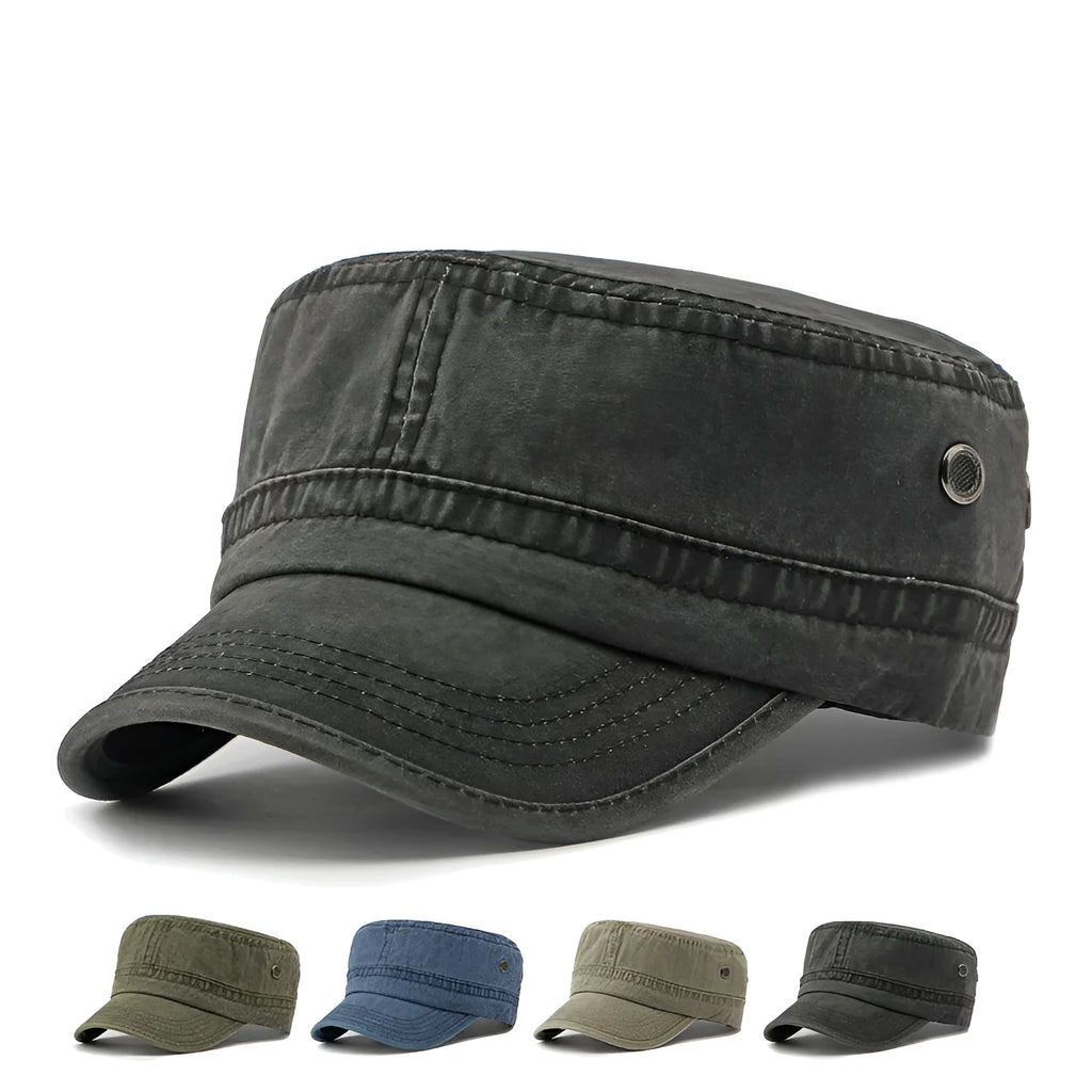 Cotton flat top military cap showing adjustable back and structured crown in army green colour