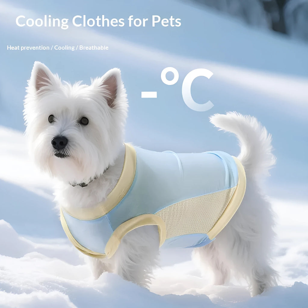 Pet ice silk sun protection vest in cherry blossom pink on a small dog, unisex cooling clothing