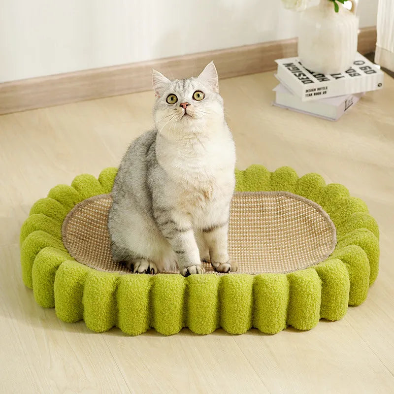 Green oval cat scratch pad bowl bed with sisal scratching surface