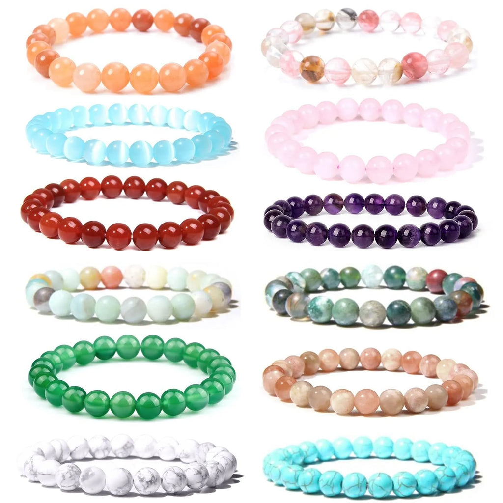 Handmade 8mm natural stone bead bracelet showing multiple gemstone colours in geometric bead design