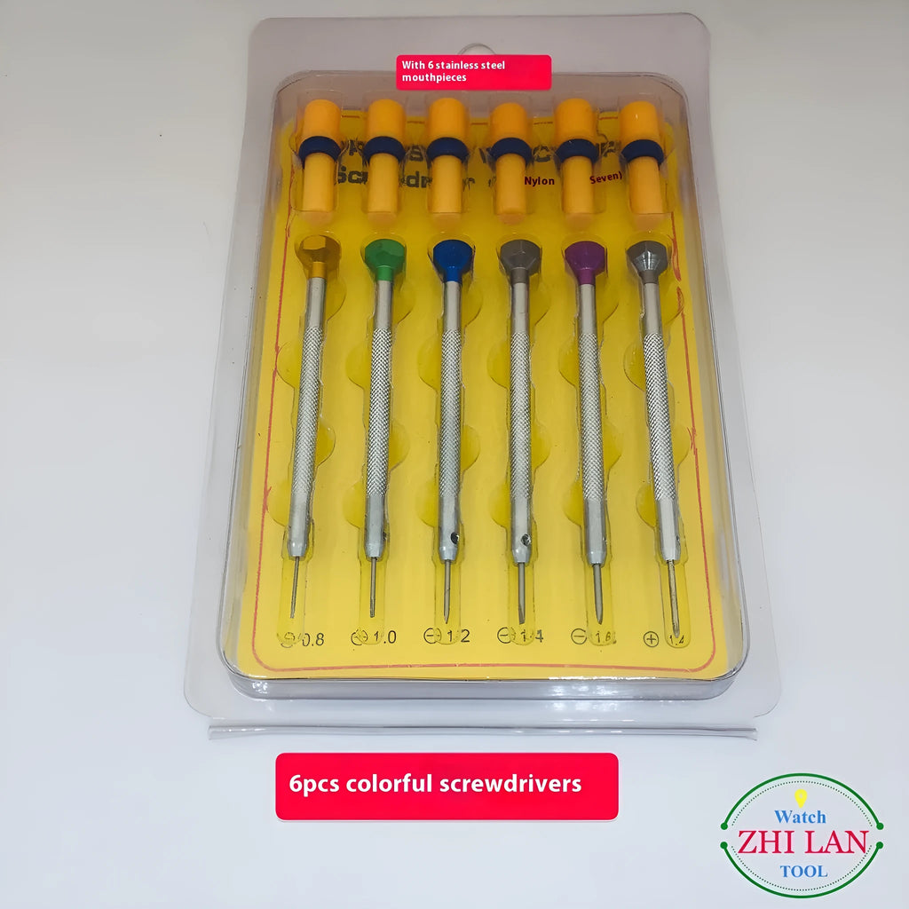 6-piece colour-coded watch repair screwdriver set with aluminium handles and spring steel cutter heads
