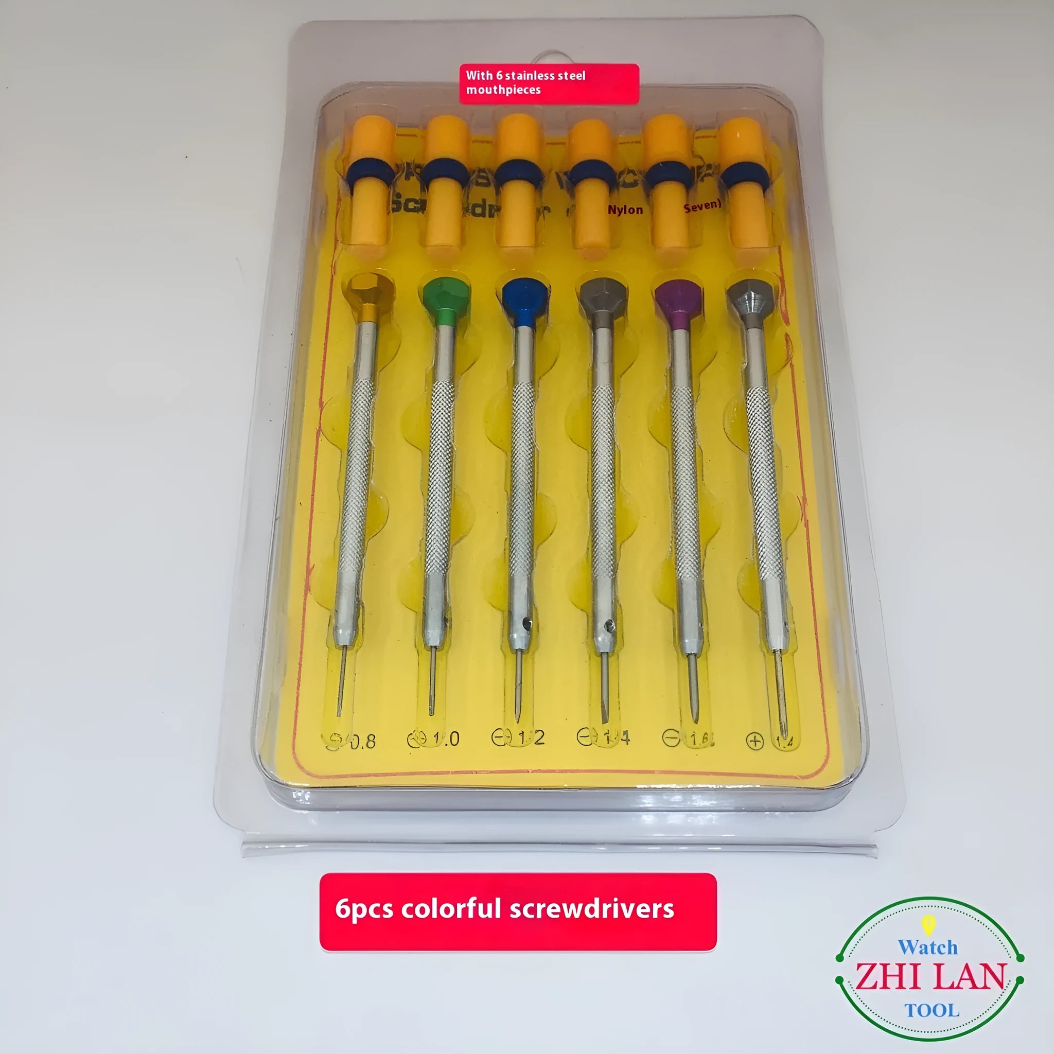 6-piece colour-coded watch repair screwdriver set with aluminium handles and spring steel cutter heads