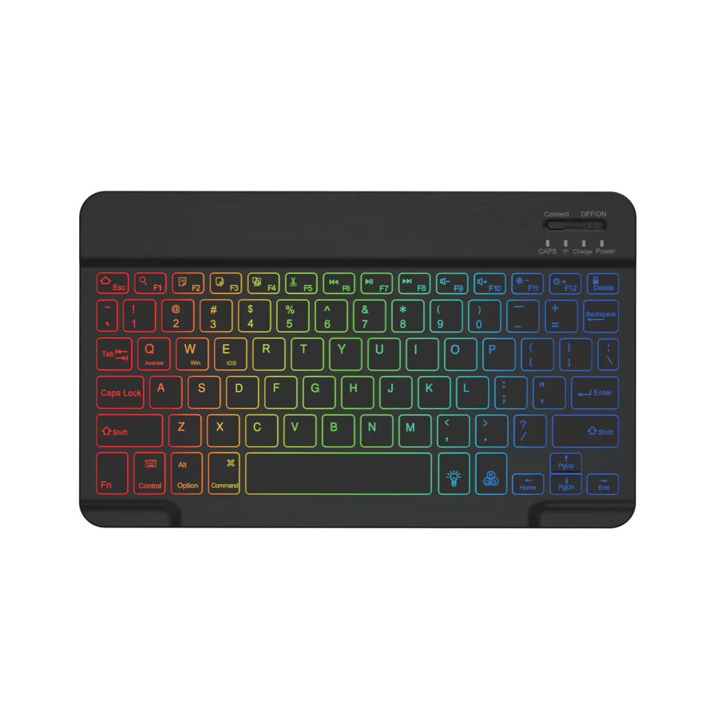 10-inch backlit Bluetooth keyboard for tablets showing colourful lighting with charging cable