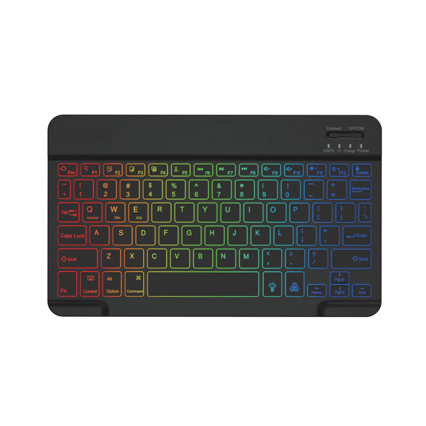 10-inch backlit Bluetooth keyboard for tablets showing colourful lighting with charging cable
