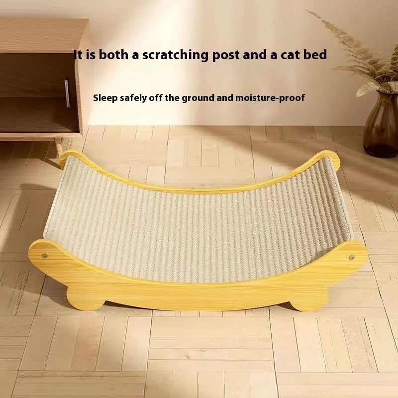 A pastoral-style cat scratch board with a woven sisal blanket scratching surface, shown in small and large size options.