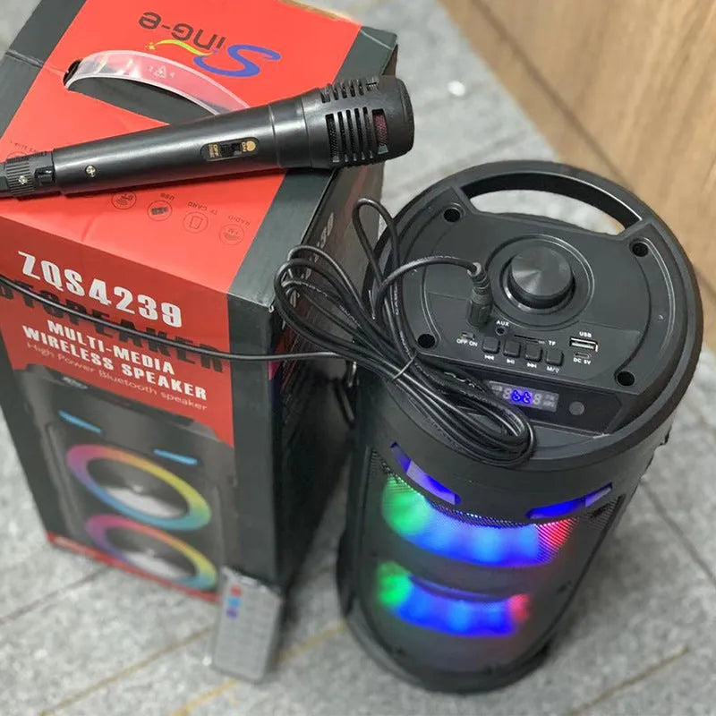 Black portable Bluetooth speaker with dual horn cannon design and USB charging port