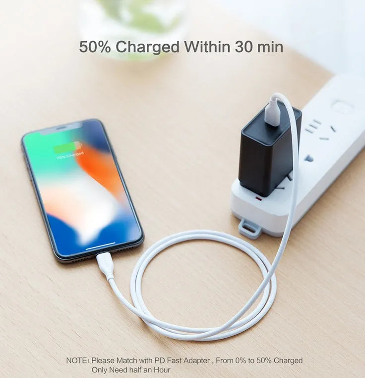 White USB-C to Lightning charging cable with MFi certification for Apple devices
