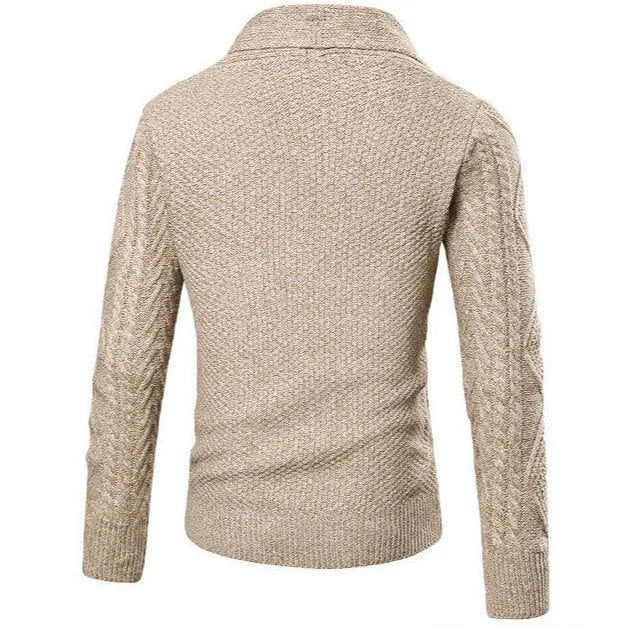 Men's thick knit cardigan sweater jacket in khaki with button front and long sleeves