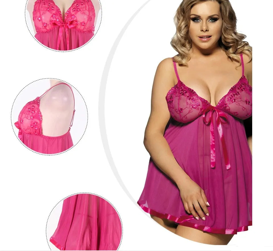 Women's polyester sleepdress with mesh and lace detailing in purple colour