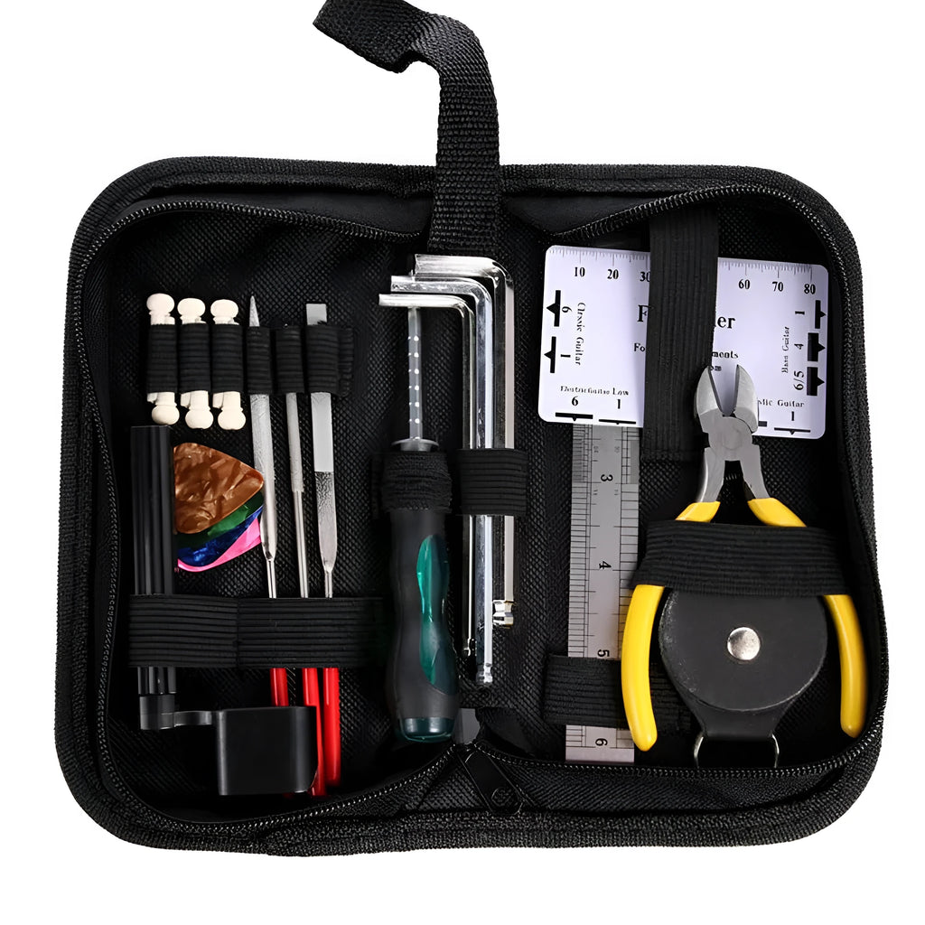 Black case open to reveal a guitar repair and care tool kit for instrument maintenance.