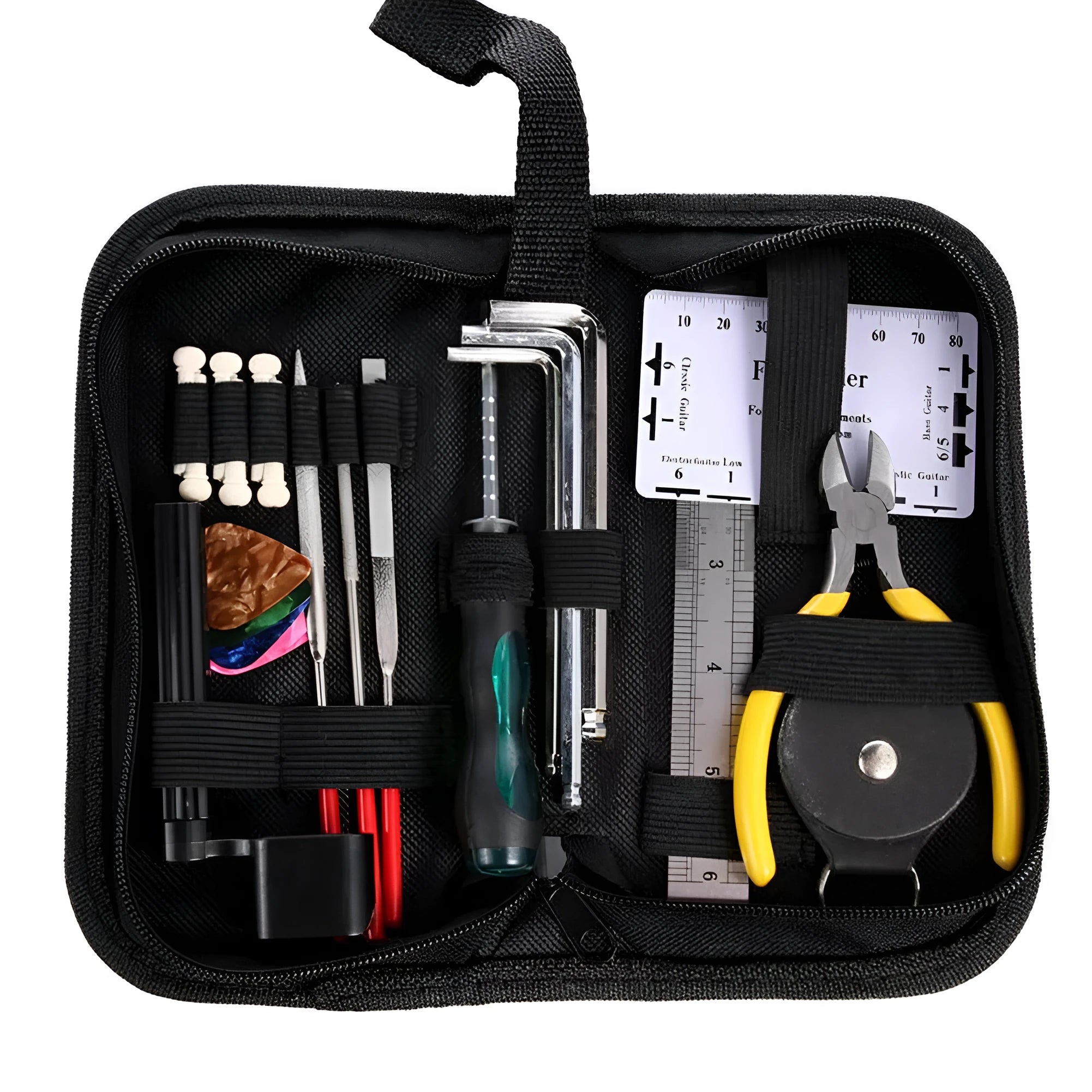 Black case open to reveal a guitar repair and care tool kit for instrument maintenance.