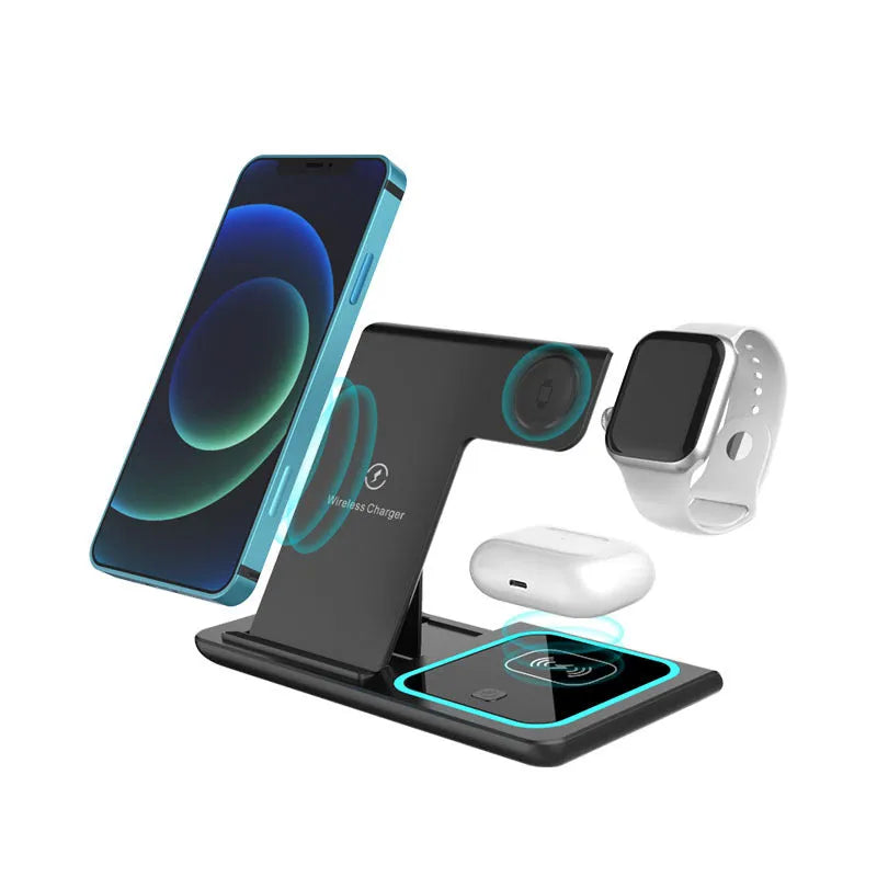 Three-in-one wireless charger folding stand in space black charging a phone, watch, and headset