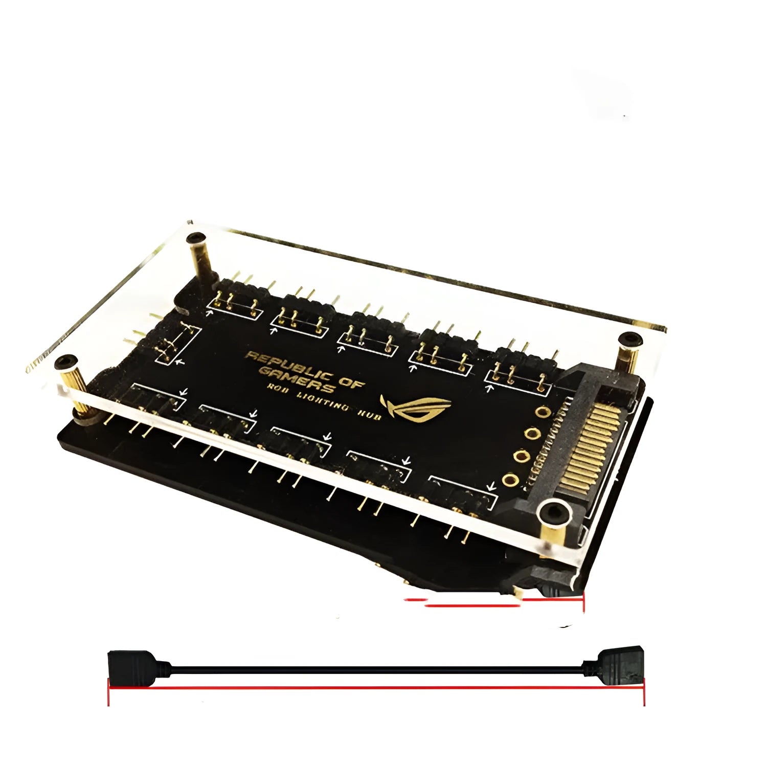 Black AURA RGB hub with ten ports and SATA power connection for PC lighting control