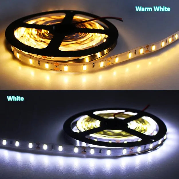 5m flexible LED strip light with SMD 5630 or 3528 LEDs, white PCB, 8mm wide, waterproof, white warm white RGB options