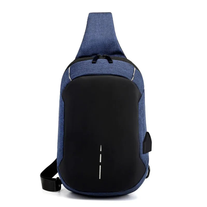 Small dark blue oxford cloth chest bag with a zipper and adjustable strap, showing internal phone pocket.