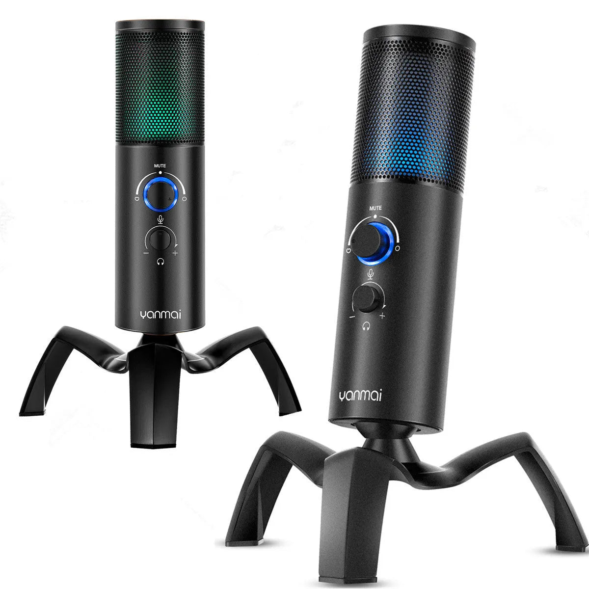 Black Q18 bidirectional USB condenser microphone with RGB lighting on tripod mount