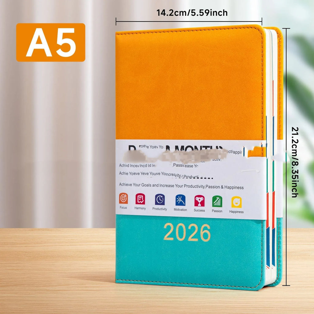 A5 imitation leather schedule book with waist seal and double stitching, one page per day notebook in four colours