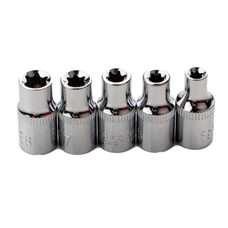 Red box containing 14-piece chrome vanadium steel E-type socket tool set for repair work