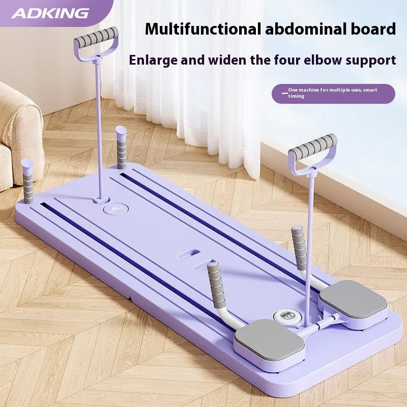 Standard purple multi-functional fitness board with automatic rebound abdominal wheel for home exercise.