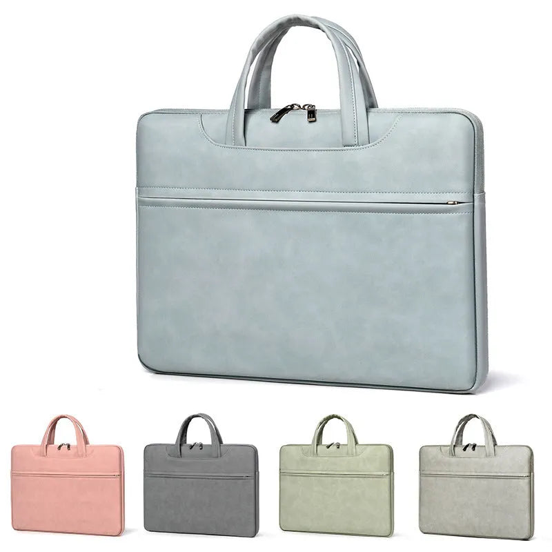 One-shoulder PU leather laptop case in dark gray with zipper closure and soft handle for 13 inch devices