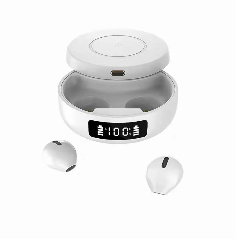 Black semi-in-ear wireless Bluetooth headphones and charging case on a white background