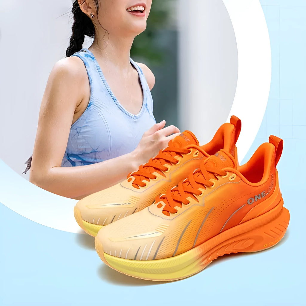 Low-top running shoes in various colours with PU mesh upper and rubber sole for shock absorption.