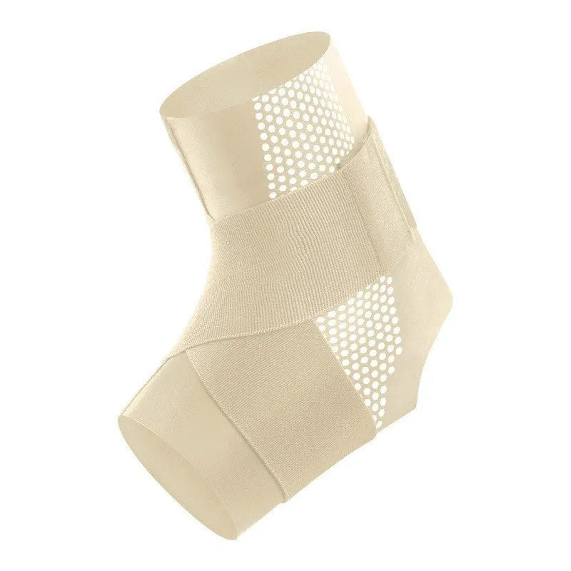 Black Lycra ankle support brace shown on adult foot for sports protection