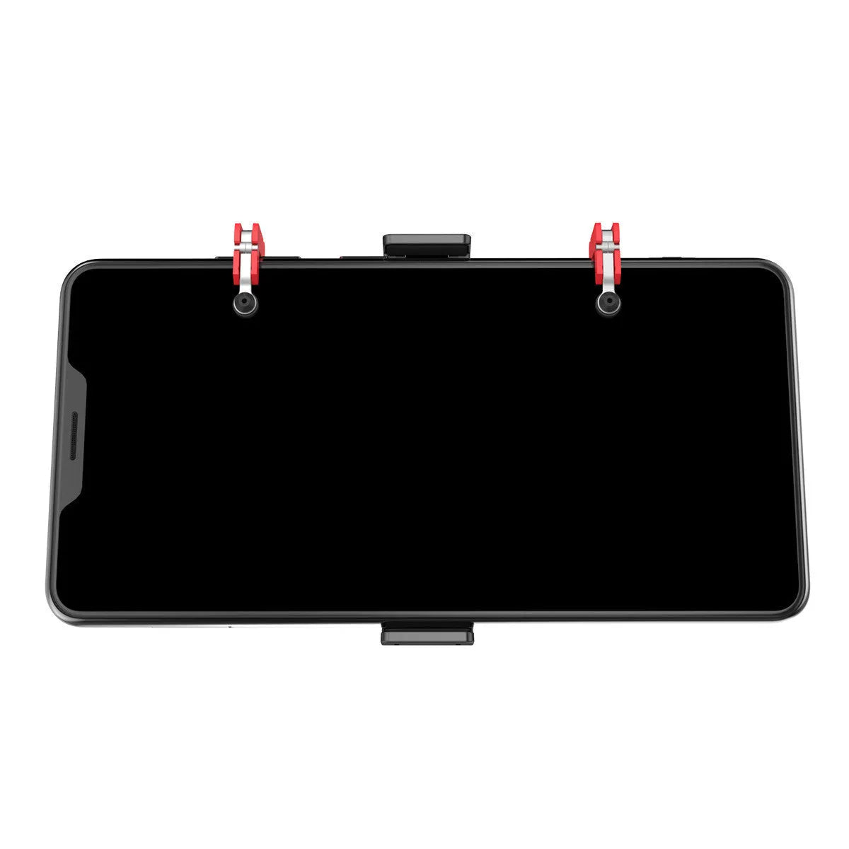 Black mobile gaming trigger handle showing metal trigger and adjustable phone clip