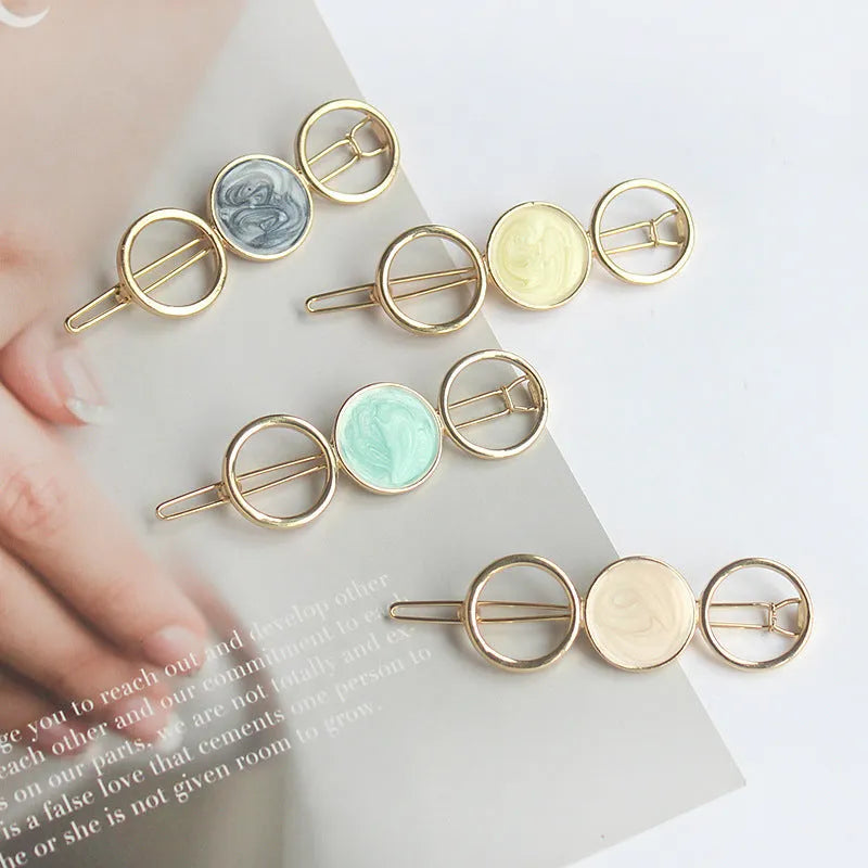 Round metal hairpin with opal crystal, 7cm, alloy silver plating, geometric design