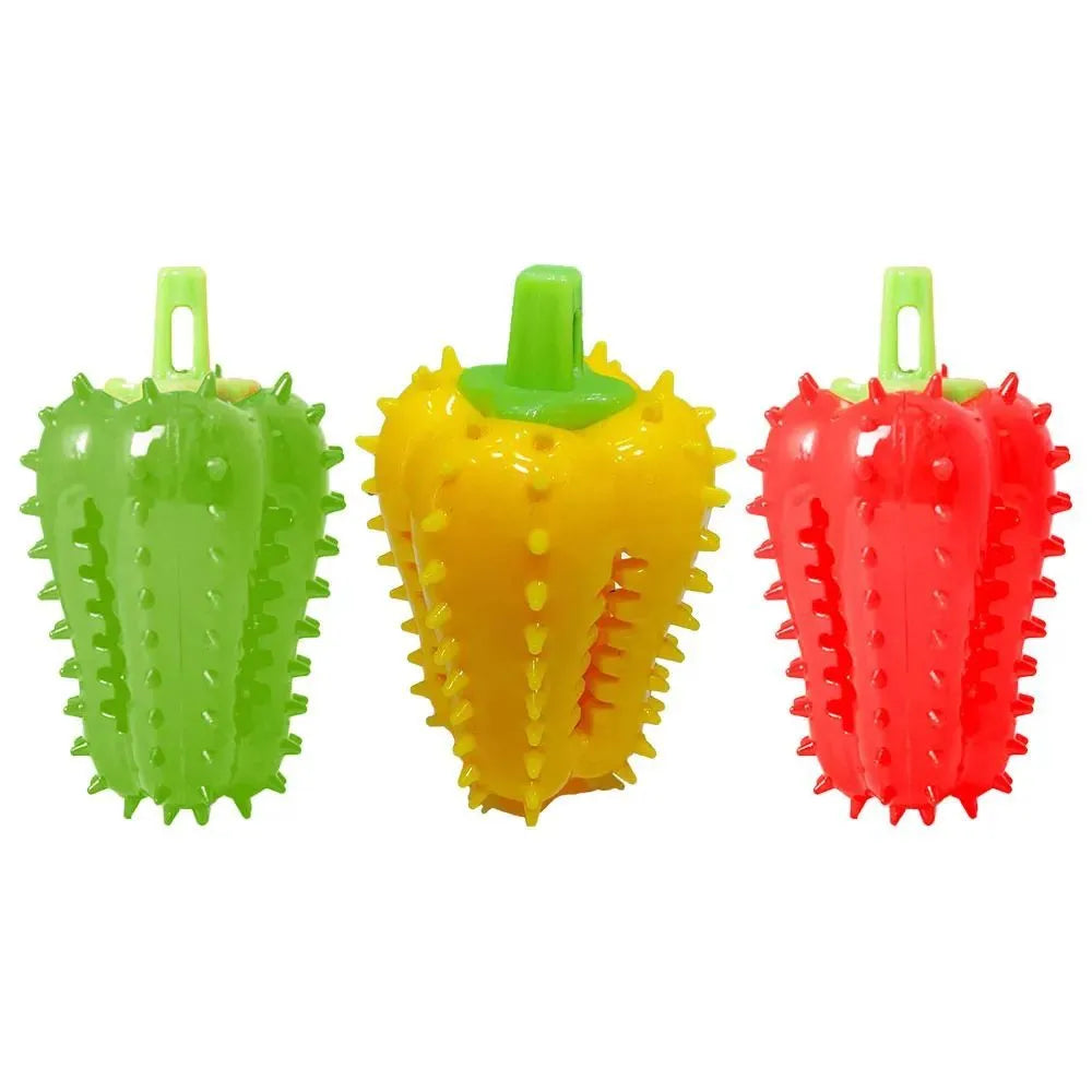 Interactive dog teething chili chewers toy in green, red, and yellow; non-toxic TPR rubber, 10x5.2cm