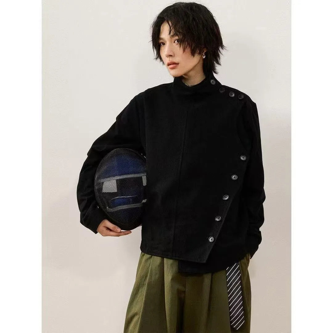 Solid colour minimalist casual jacket for men in black, front view, cotton blend, regular fit