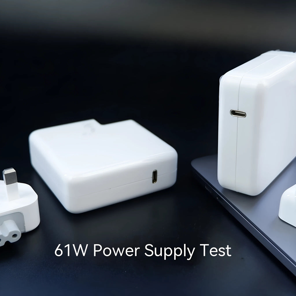Laptop power adapter charger unit with USB-C cable showing compact 7x7x3cm dimensions