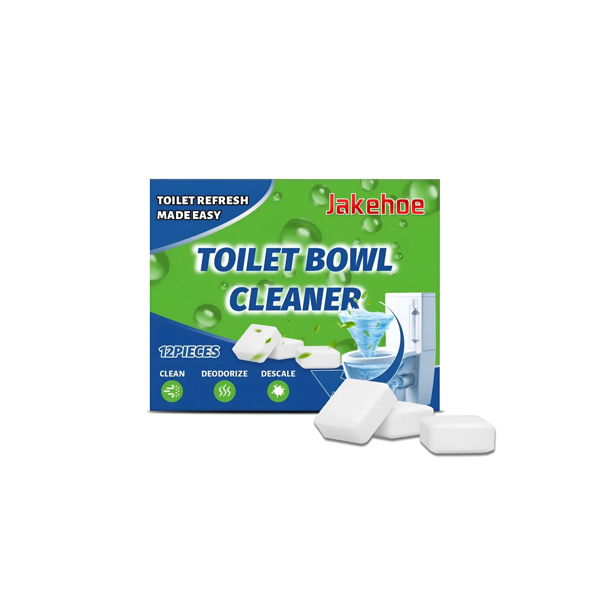 Pack of 12 fizzy toilet bowl cleaner tablets with mint scent in a clear wrapper against a white background.