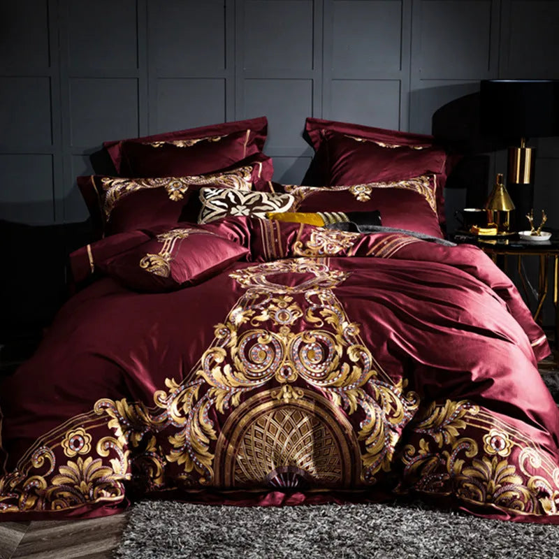Four-piece cotton embroidery bed set in grey, comprising duvet cover, fitted sheet, and two pillowcases, satin weave finish