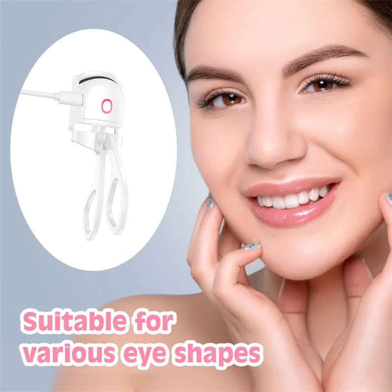 White heated eyelash curler with USB charging cable and two temperature modes, compact 41 x 65 x 130mm size